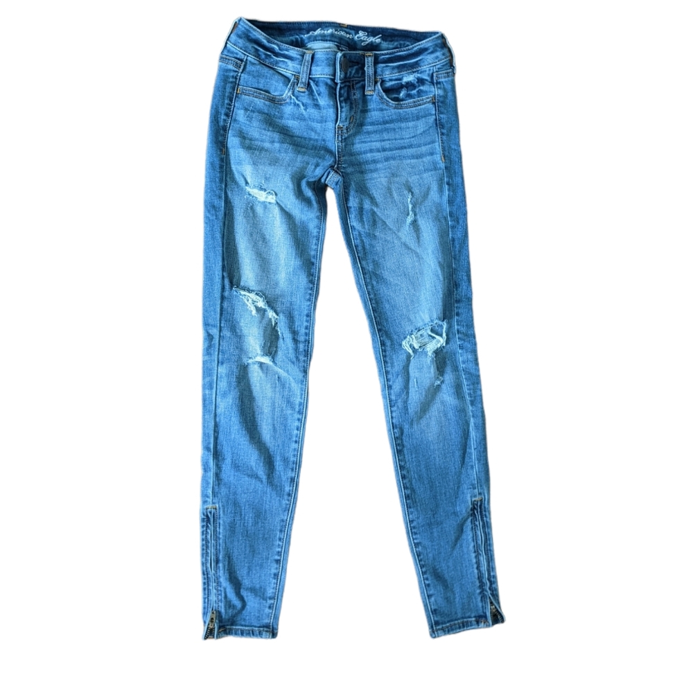 American Eagle Low rise Jegging Skinny Jeans Sz 0 Regular Distressed Stretch